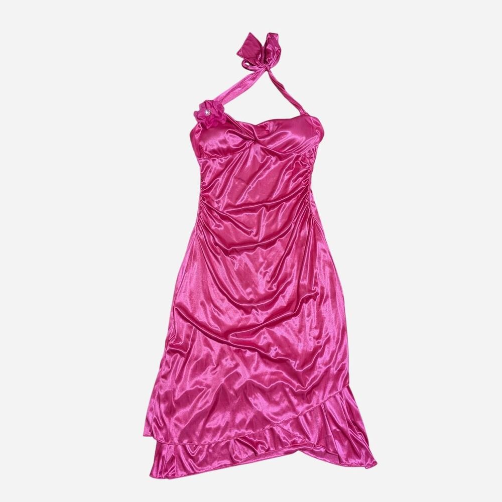 Vintage Y2K Ruby Rox Hot Pink Satin Halter Dress Ruched Bodycon